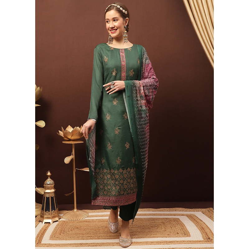 3 Pc Green Unstitched Silk Suit Set - JD986607167