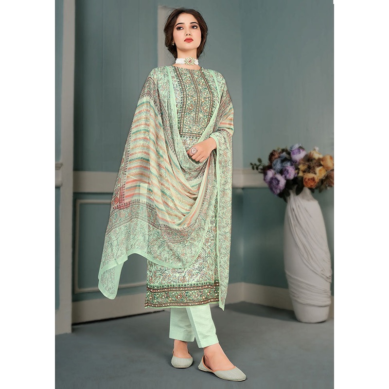 3 Pc Green Unstitched Silk Suit Set - JD986607168