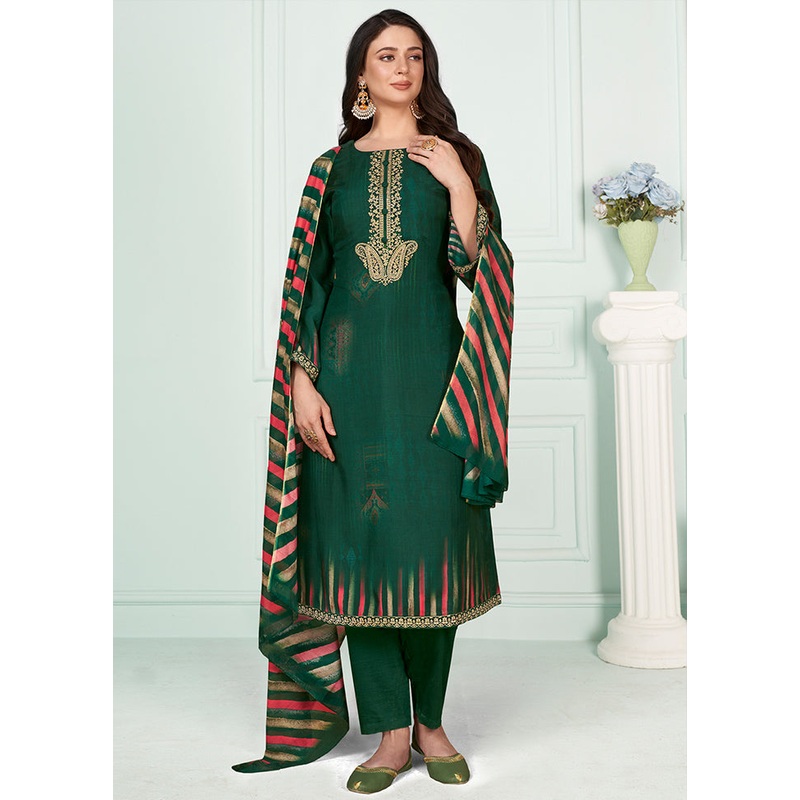3 Pc Green Unstitched Silk Suit Set - JD986607169