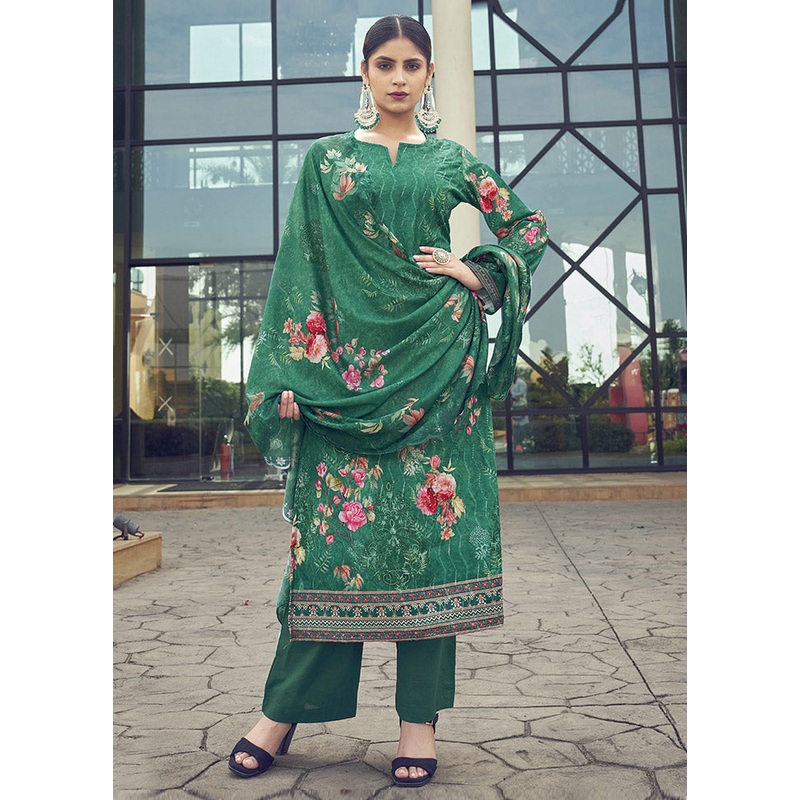 3 Pc Green Unstitched Silk Suit Set - JD986607170