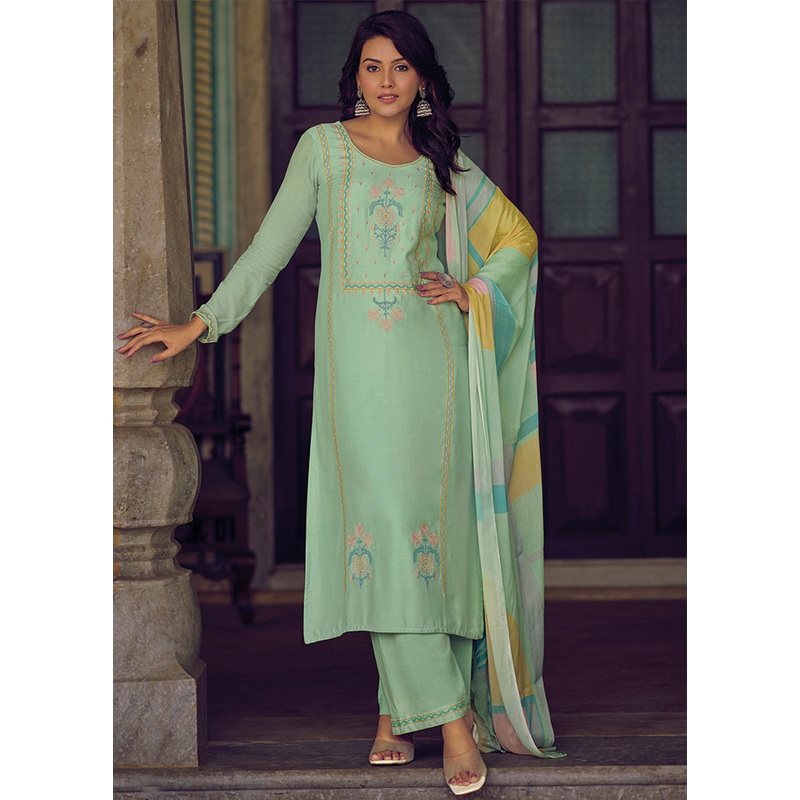 3 Pc Green Unstitched Silk Suit Set - JD986607171