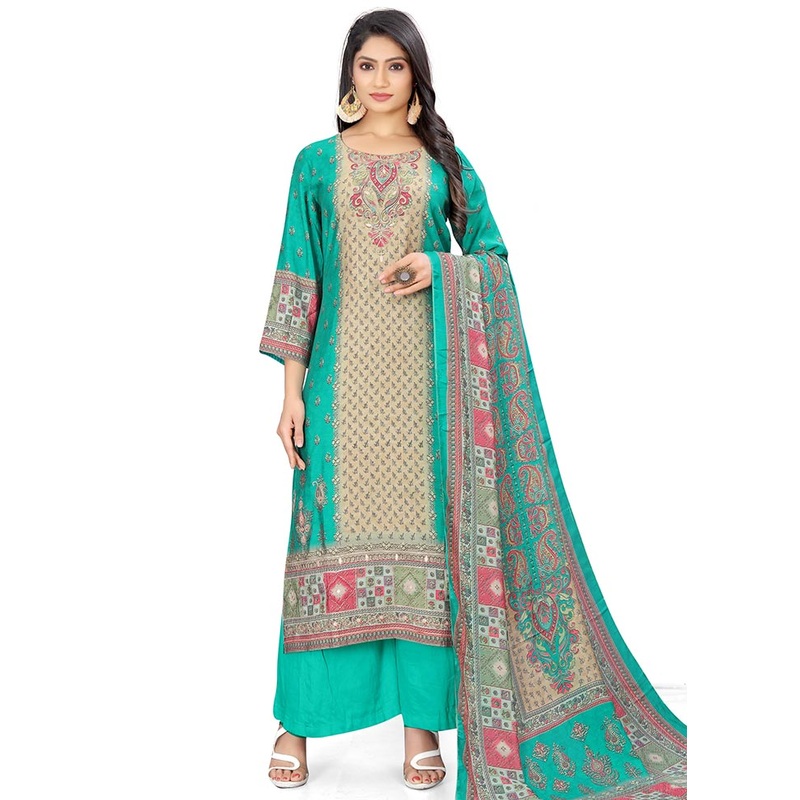 3 Pc Green Unstitched Silk Suit Set - JD986607173