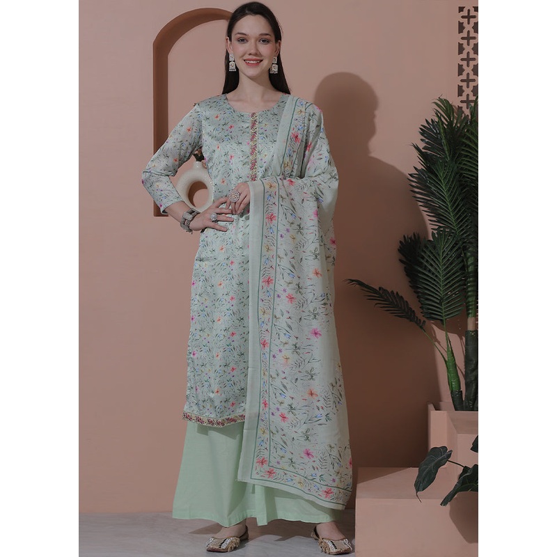 3 Pc Green Unstitched Silk Suit Set - JD986607174