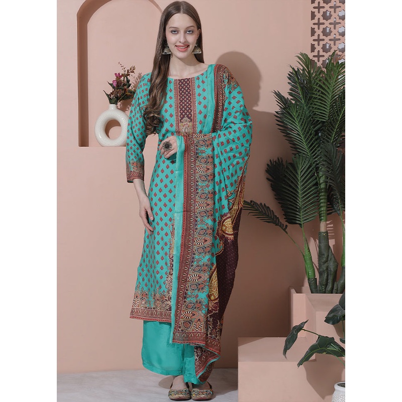 3 Pc Green Unstitched Silk Suit Set - JD986607175
