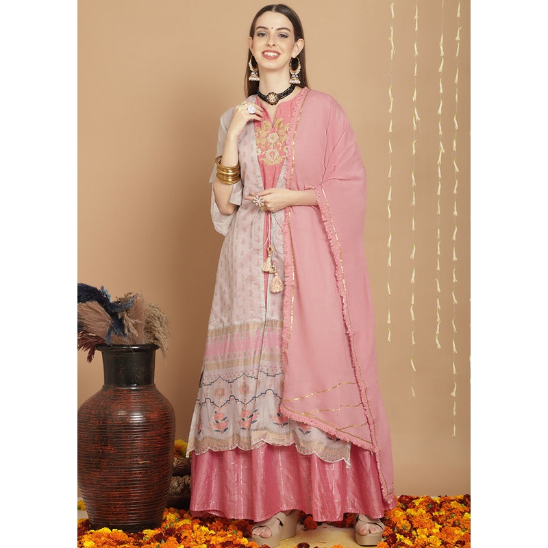 3 Pc Grey Unstitched Chanderi Suit Set - JD986607190