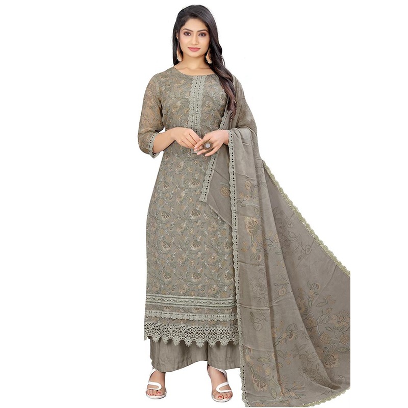 3 Pc Grey Unstitched Georgette Suit Set - JD986607192