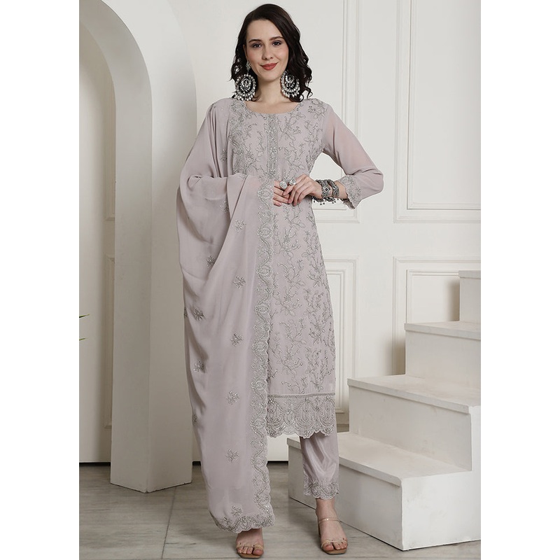 3 Pc Grey Unstitched Georgette Suit Set - JD986607194