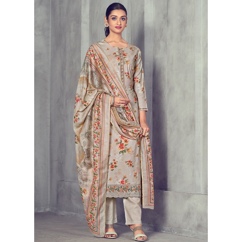 3 Pc Grey Unstitched Pure Cotton Suit Set - JD986607193
