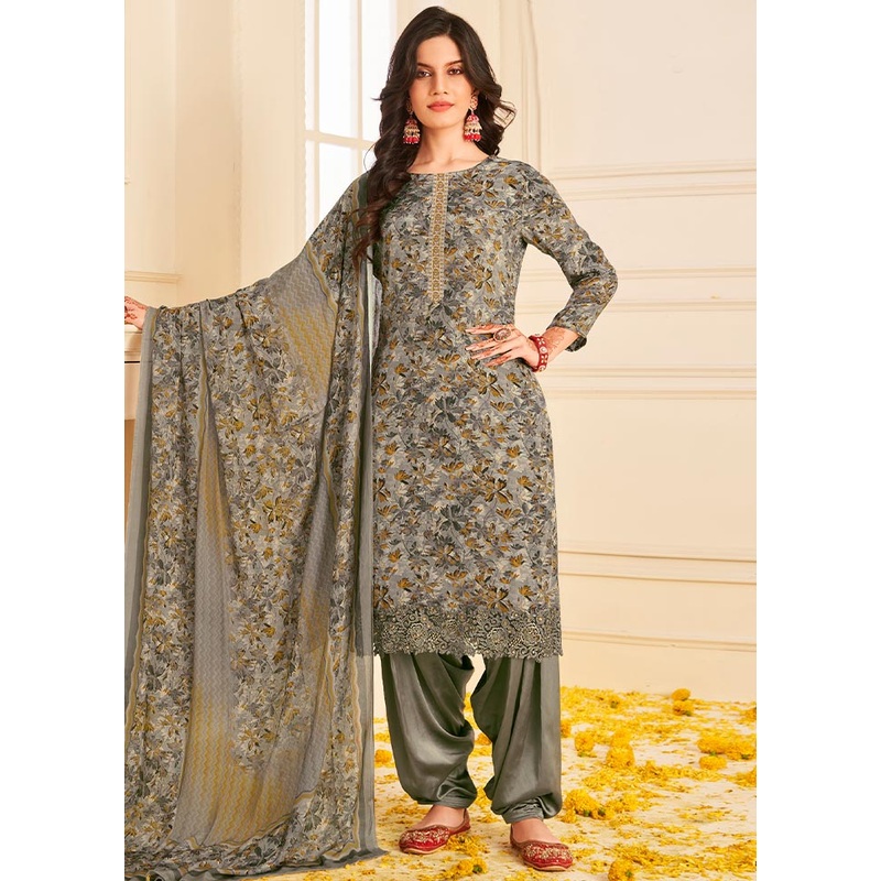 3 Pc Grey Unstitched Pure Silk Suit Set - JD986607195