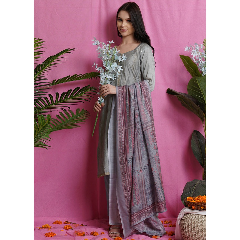3 Pc Grey Unstitched Silk Suit Set - JD986607196