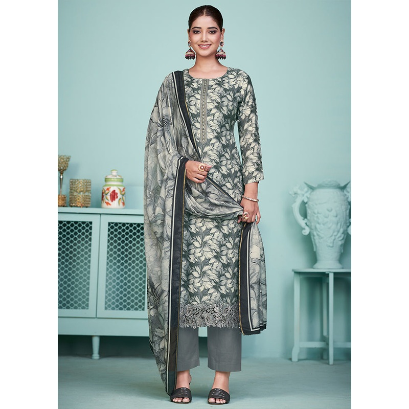 3 Pc Grey Unstitched Silk Suit Set - JD986607197