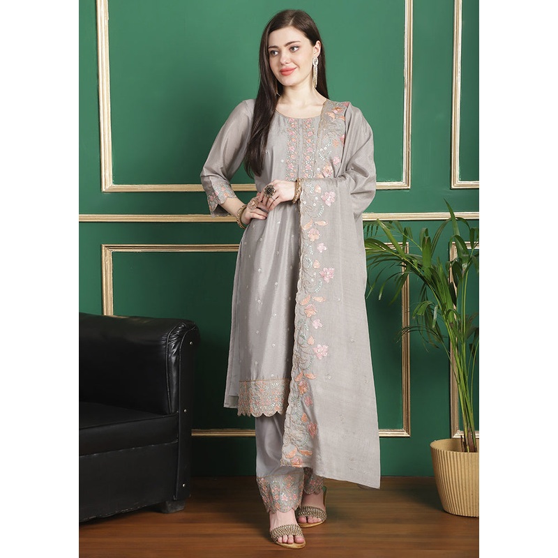 3 Pc Grey Unstitched Silk Suit Set - JD986607198