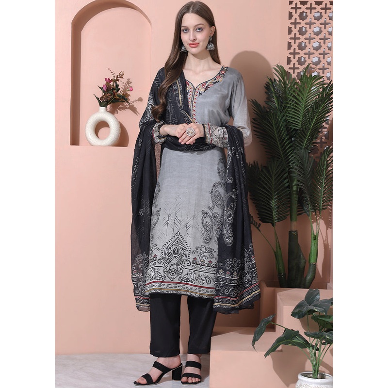 3 Pc Grey Unstitched Silk Suit Set - JD986607200