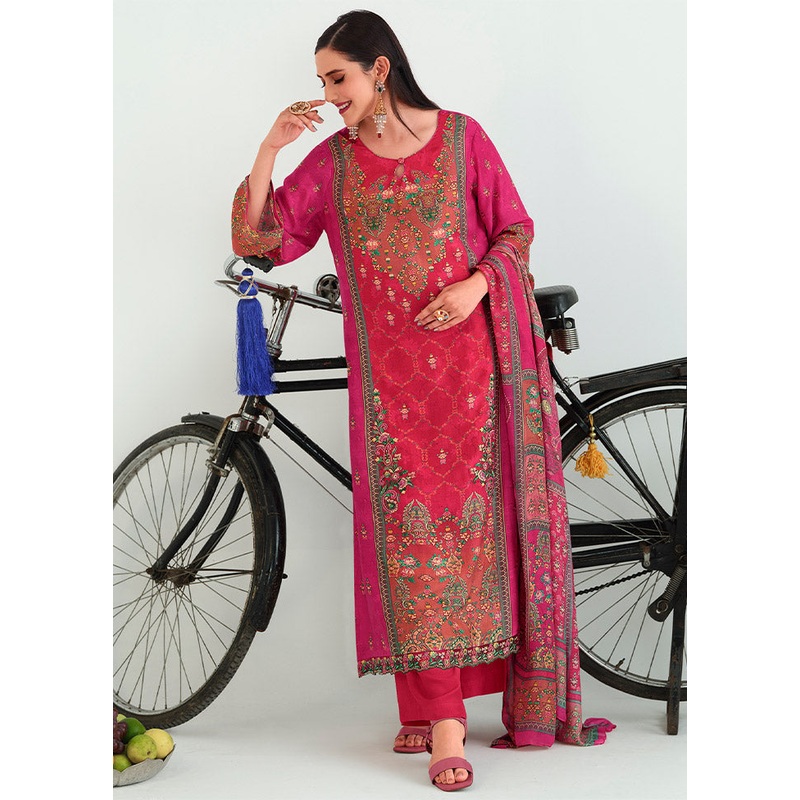 3 Pc Magenta Unstitched Pashmina Suit Set - JD986607206