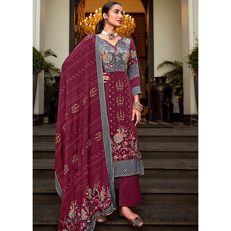 3 Pc Magenta Unstitched Pure Silk Suit Set - JD986607207