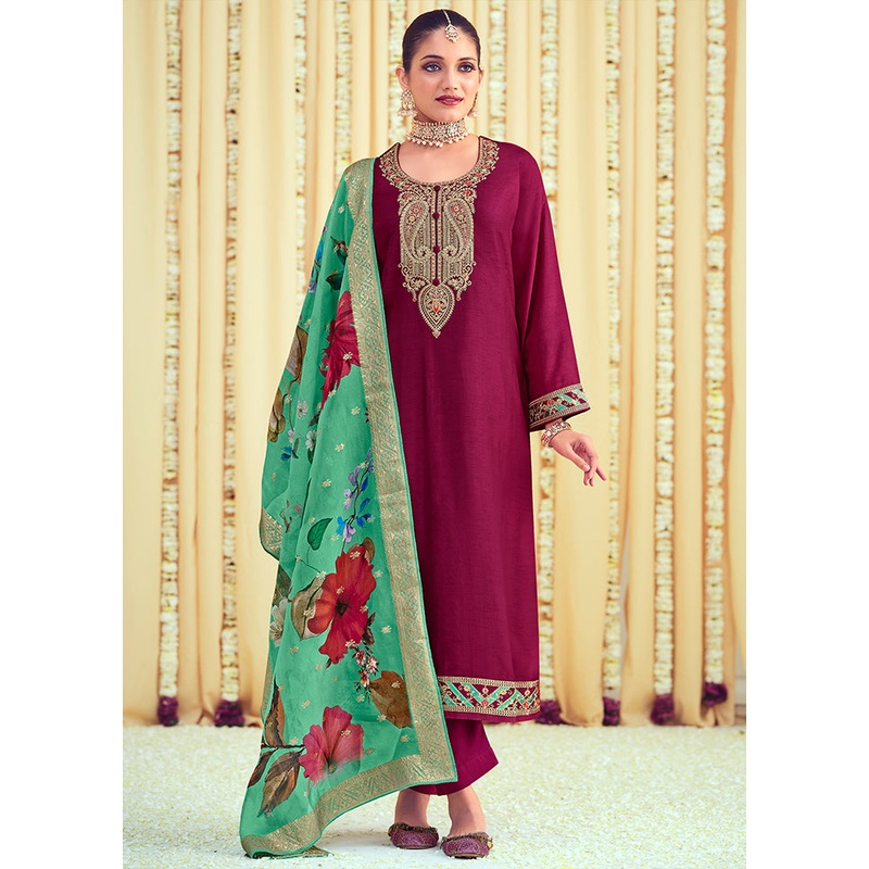 3 Pc Magenta Unstitched Pure Silk Suit Set - JD986607209
