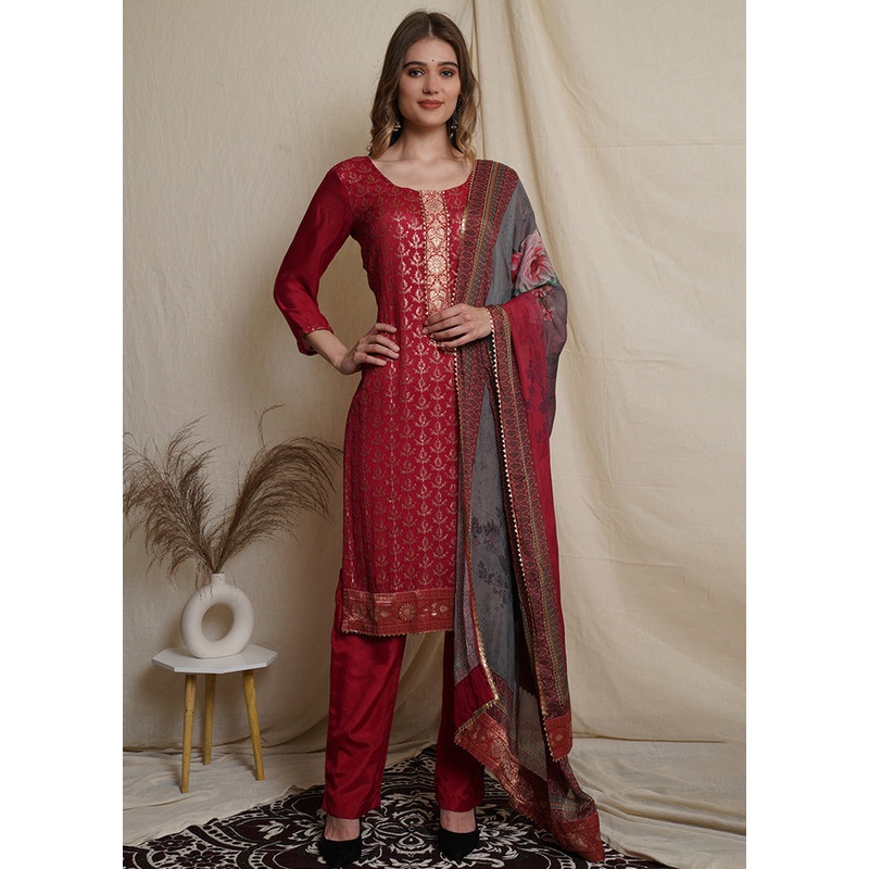 3 Pc Magenta Unstitched Silk Suit Set - JD986607210