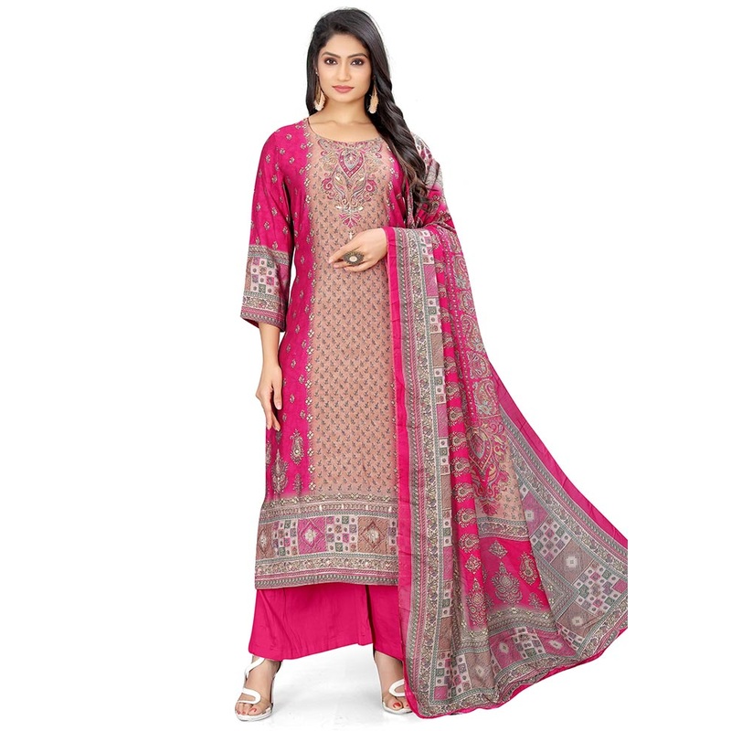 3 Pc Magenta Unstitched Silk Suit Set - JD986607211