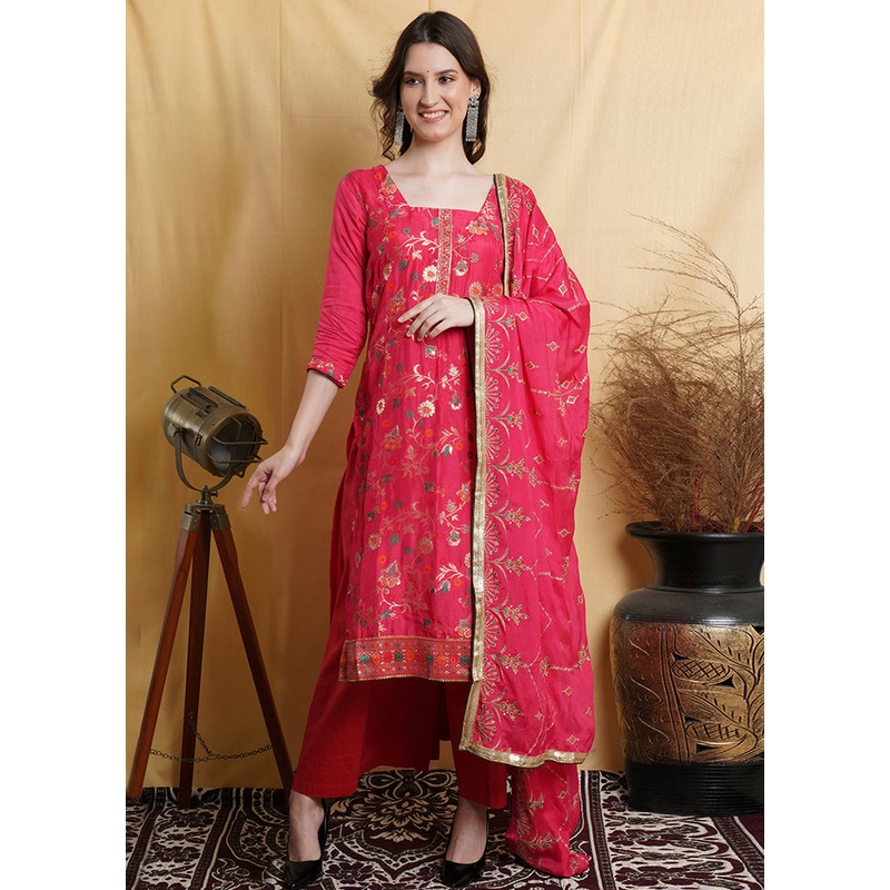3 Pc Magenta Unstitched Silk Suit Set - JD986607212
