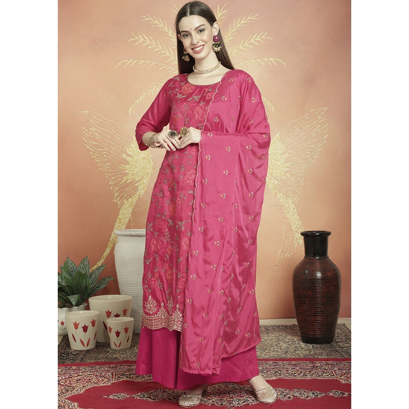 3 Pc Magenta Unstitched Silk Suit Set - JD986607213