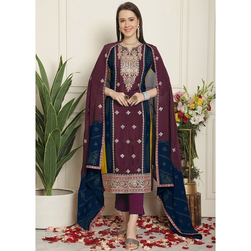 3 Pc Magenta Unstitched Silk Suit Set - JD986607214