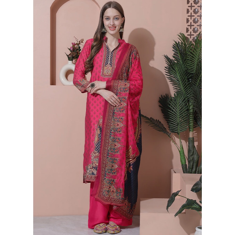 3 Pc Magenta Unstitched Silk Suit Set - JD986607216
