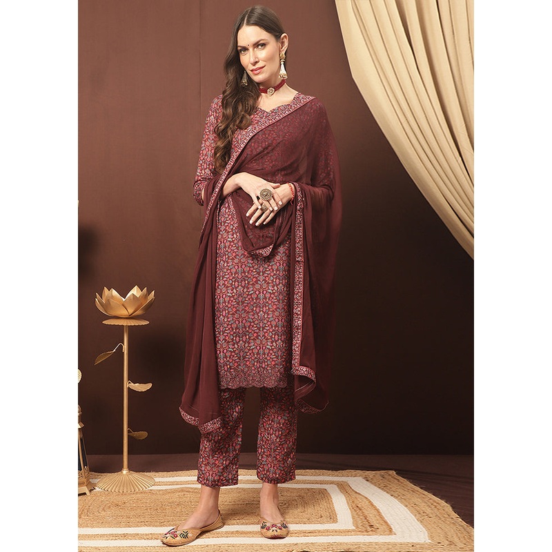 3 Pc Maroon Unstitched Cotton Suit Set - JD986607217