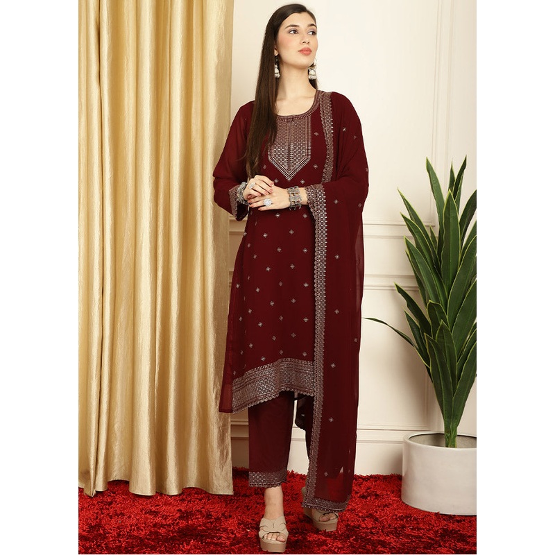 3 Pc Maroon Unstitched Georgette Suit Set - JD986607218