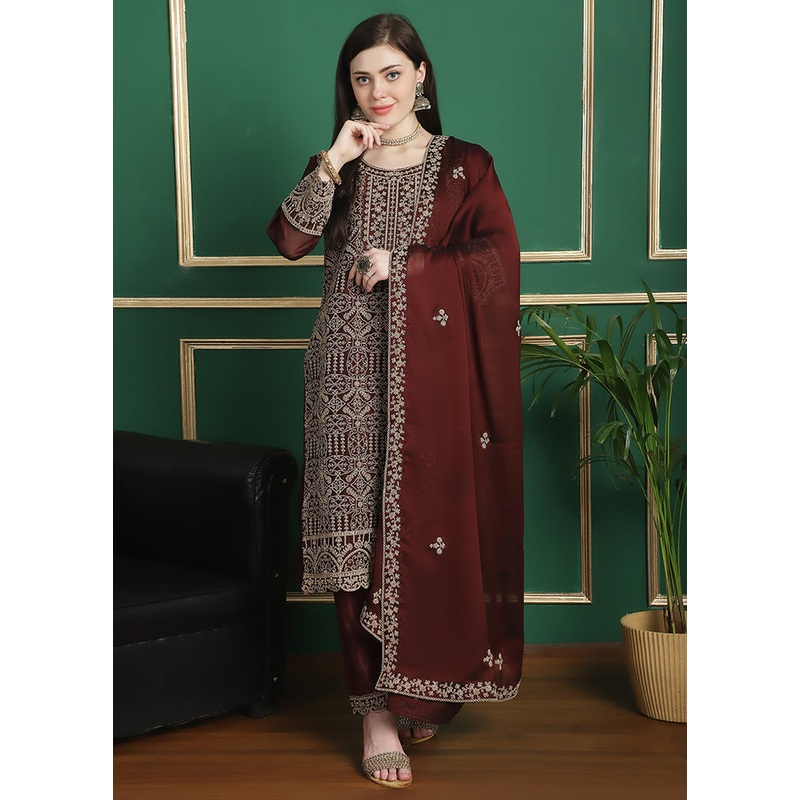 3 Pc Maroon Unstitched Georgette Suit Set - JD986607219