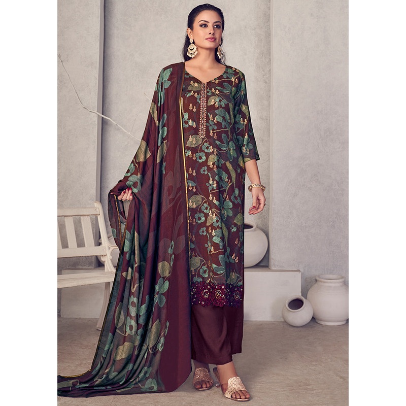3 Pc Maroon Unstitched Pure Pashmina Suit Set - JD986607221