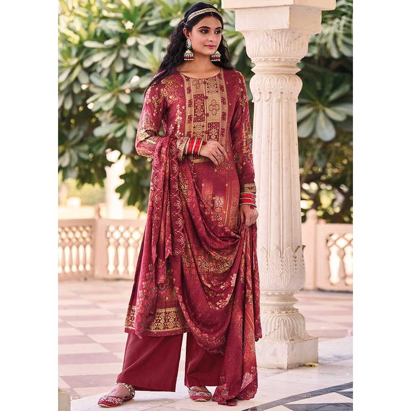 3 Pc Maroon Unstitched Pure Silk Suit Set - JD986607220