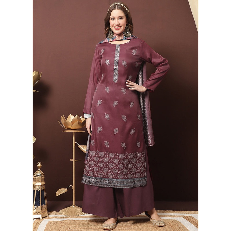 3 Pc Maroon Unstitched Silk Suit Set - JD986607223