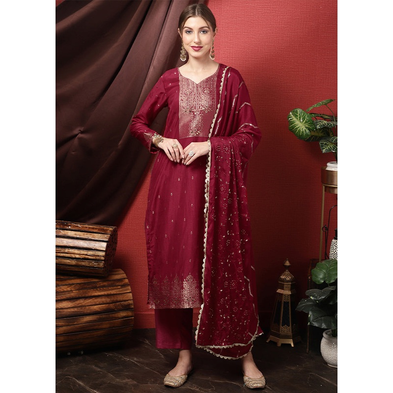 3 Pc Maroon Unstitched Silk Suit Set - JD986607224