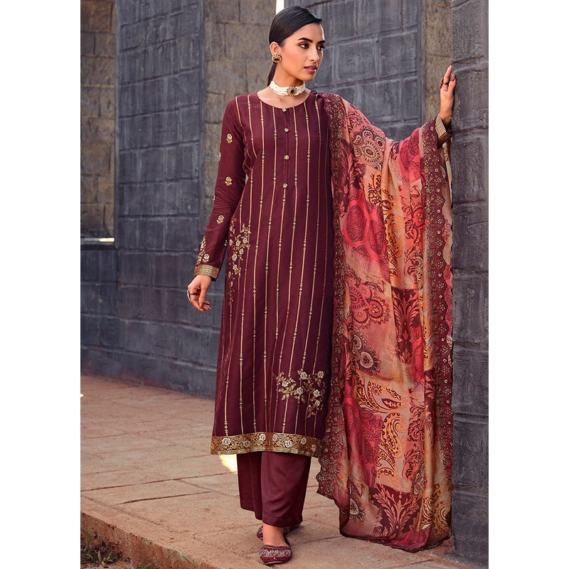 3 Pc Maroon Unstitched Silk Suit Set - JD986607225