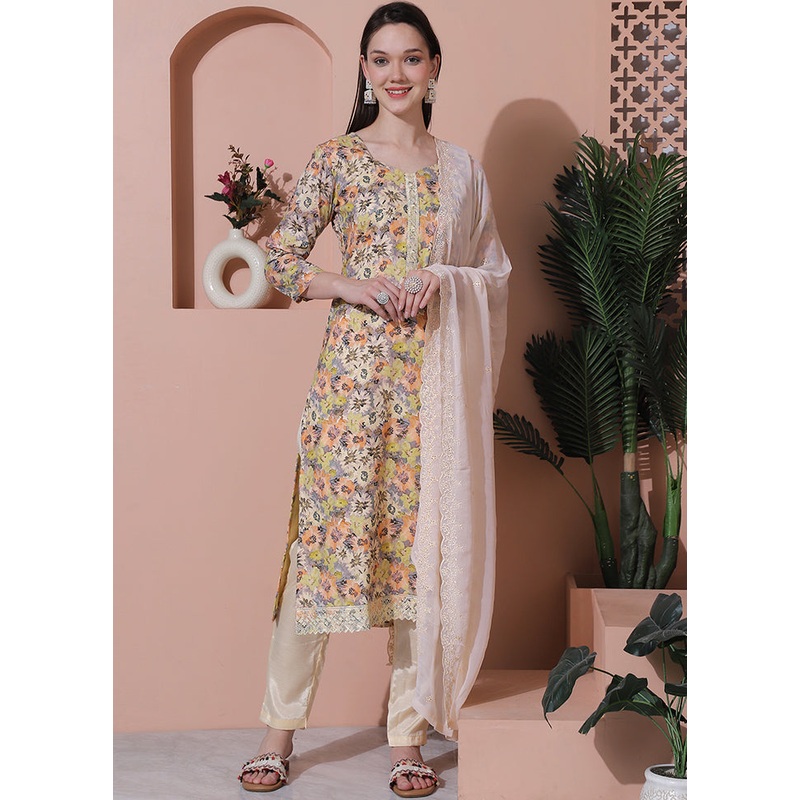 3 Pc Multicolor Unstitched Cotton Suit Set - JD986607237