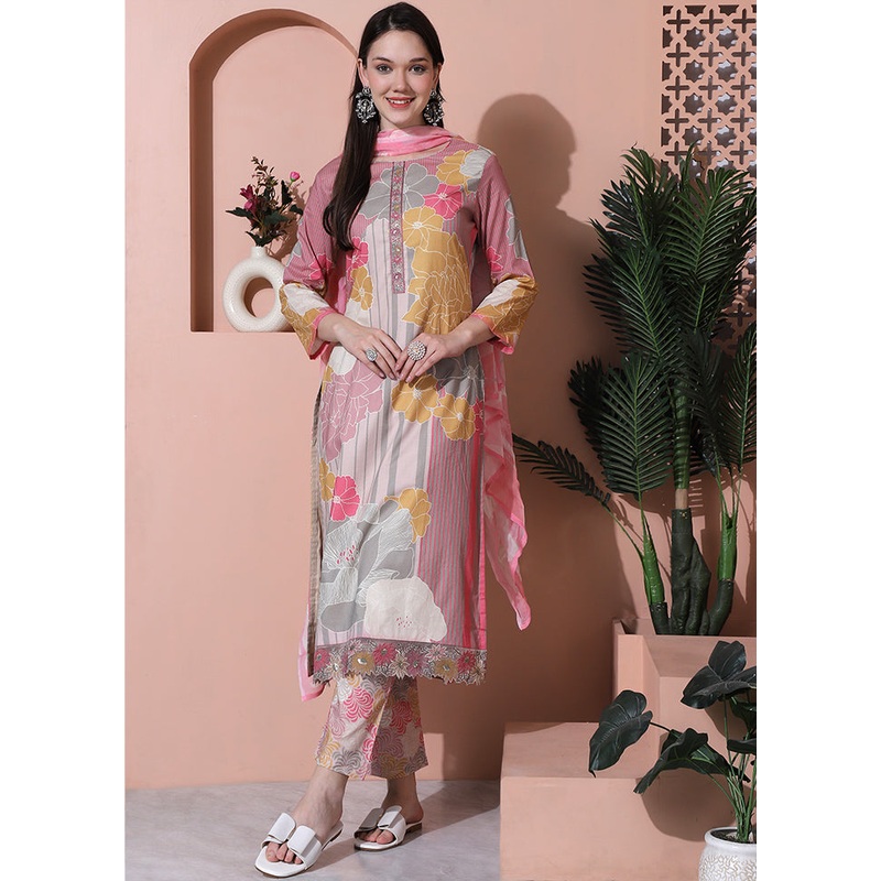 3 Pc Multicolor Unstitched Cotton Suit Set - JD986607238