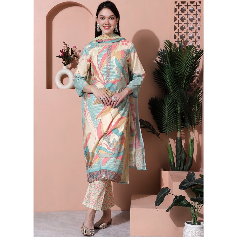 3 Pc Multicolor Unstitched Cotton Suit Set - JD986607239