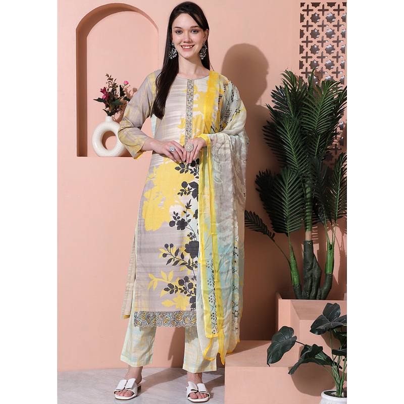 3 Pc Multicolor Unstitched Cotton Suit Set - JD986607240