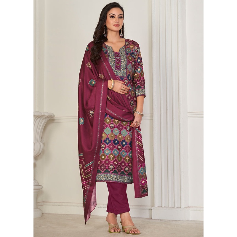 3 Pc Multicolor Unstitched Pashmina Suit Set - JD986607247
