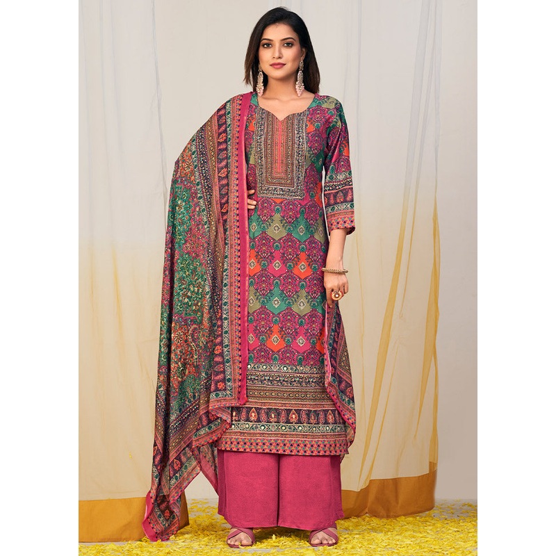 3 Pc Multicolor Unstitched Silk Suit Set - JD986607259