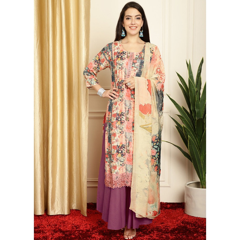 3 Pc Multicolor Unstitched Silk Suit Set - JD986607260