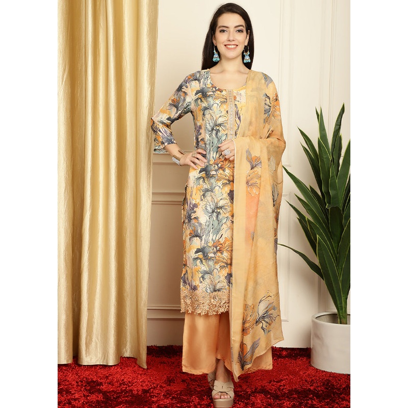 3 Pc Multicolor Unstitched Silk Suit Set - JD986607261