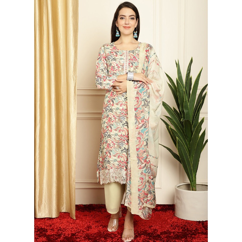 3 Pc Multicolor Unstitched Silk Suit Set - JD986607262