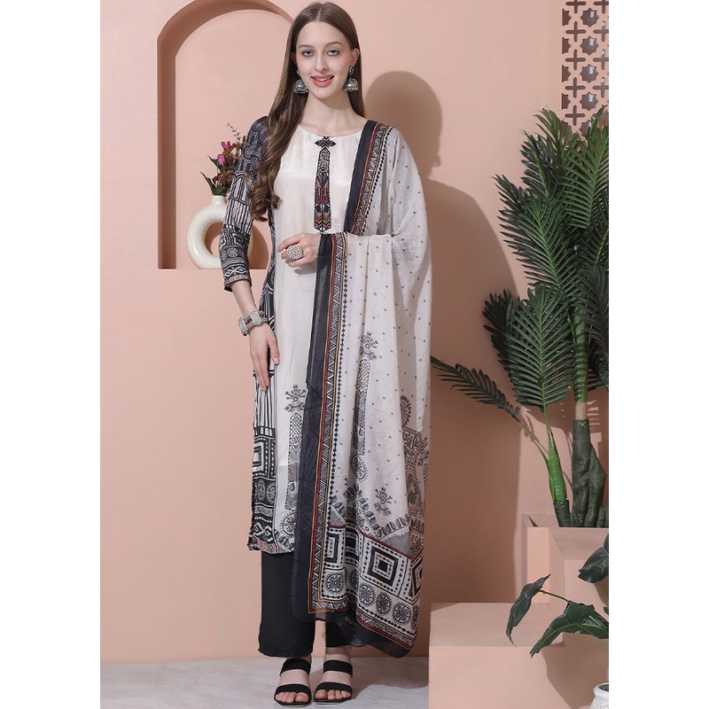 3 Pc Multicolor Unstitched Silk Suit Set - JD986607266