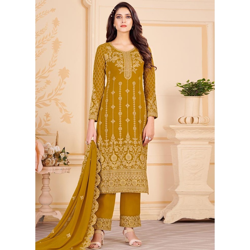 3 Pc Mustard Unstitched Georgette Suit Set - JD986607267