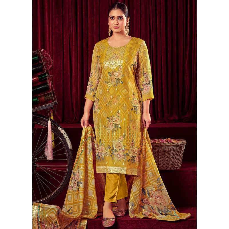 3 Pc Mustard Unstitched Net Suit Set - JD986607268