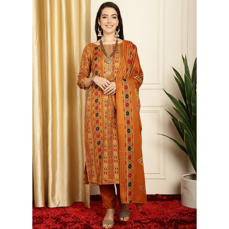 3 Pc Mustard Unstitched Pashmina Suit Set - JD986607269