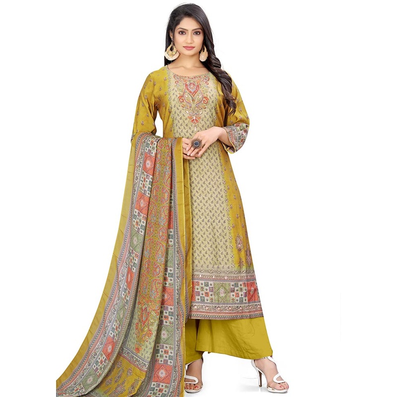 3 Pc Mustard Unstitched Silk Suit Set - JD986607270