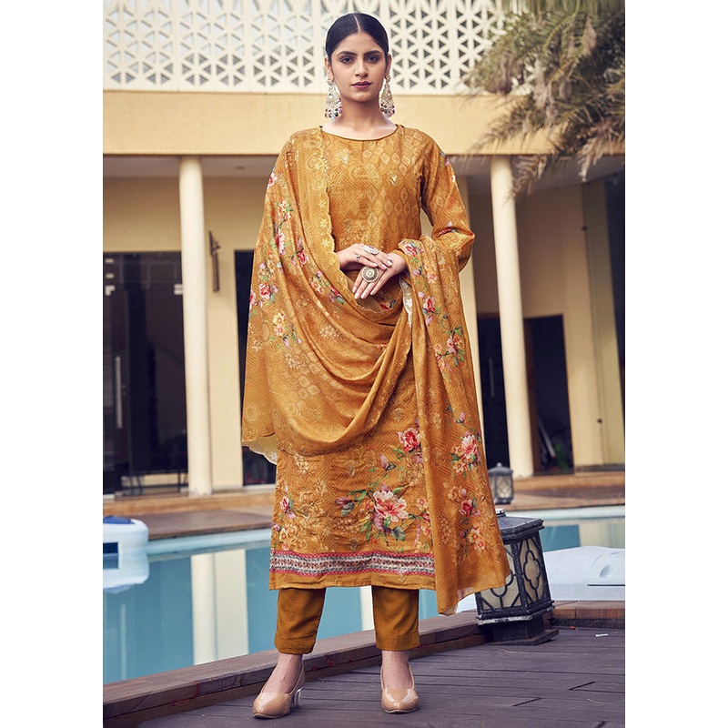 3 Pc Mustard Unstitched Silk Suit Set - JD986607271