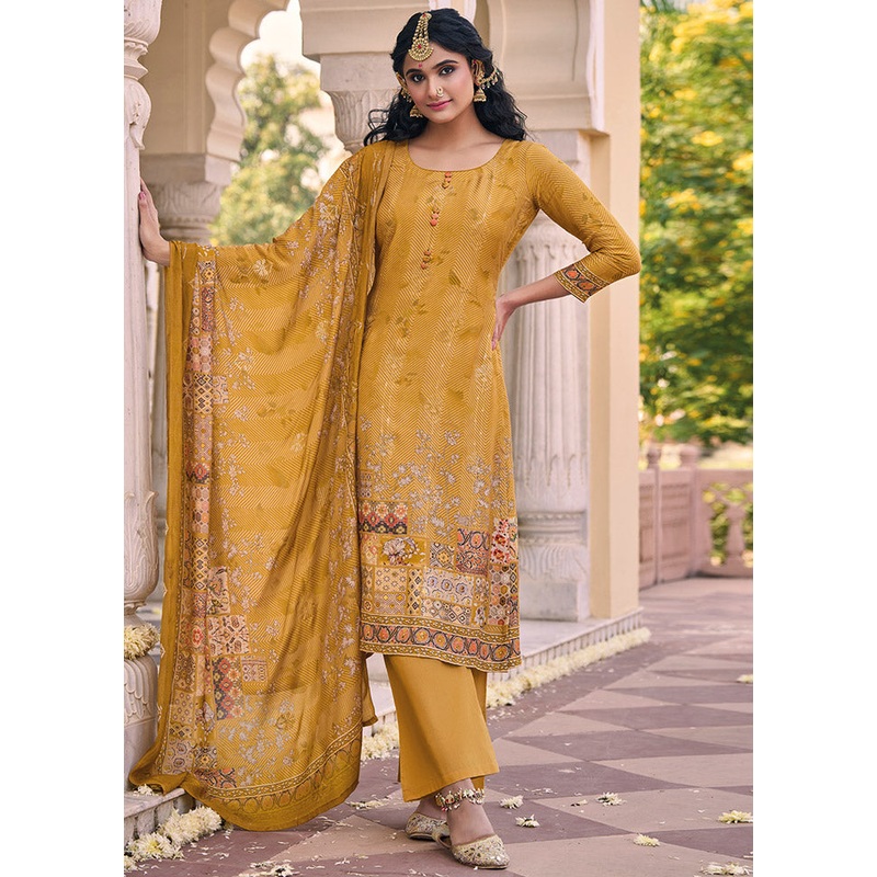 3 Pc Mustard Unstitched Silk Suit Set - JD986607272